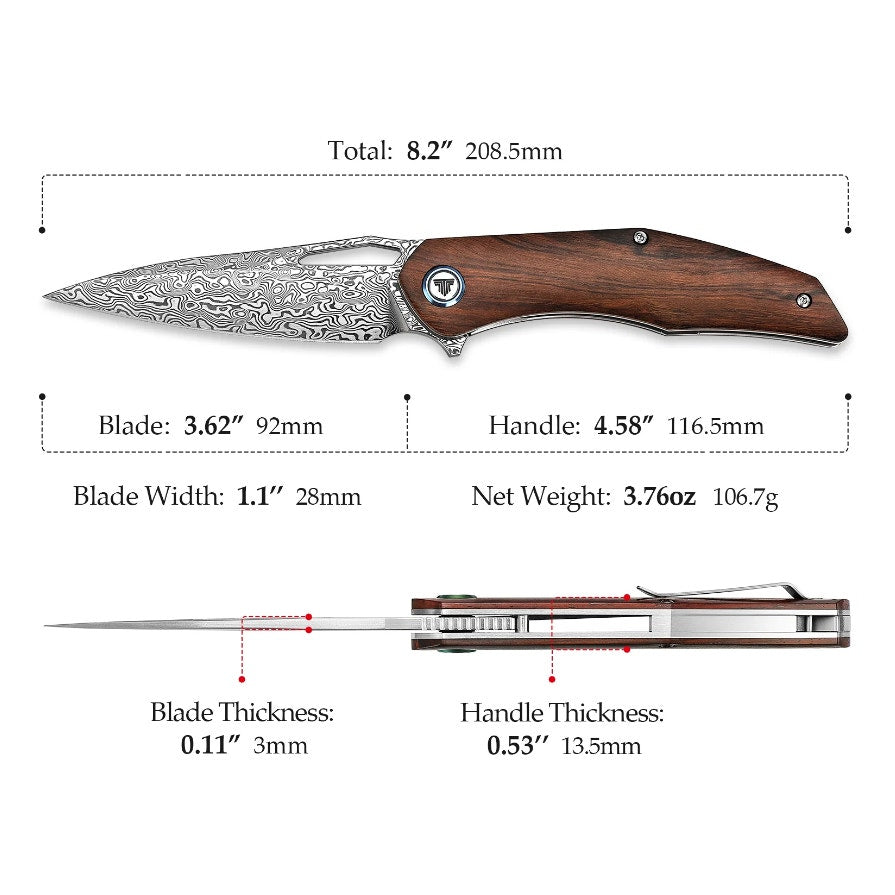 Trivisa ~ Taurus-01i ~ 3.62'' 110 Layer Damascus ~ Front Flipper Ironwood Handle