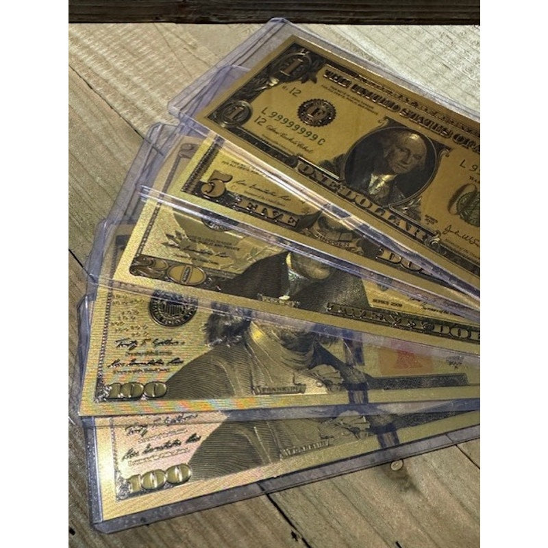24K Gold Foil Note Collection ~ 2-$100.00, 1-$20.00, 1-$5.00, & 1-$1.00