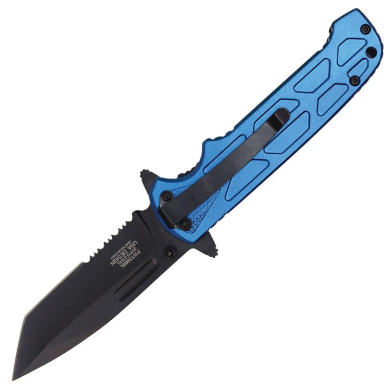 WarTech ~ 8" Blue Pocket Knife w/ Black Blade ~ PWT398BL