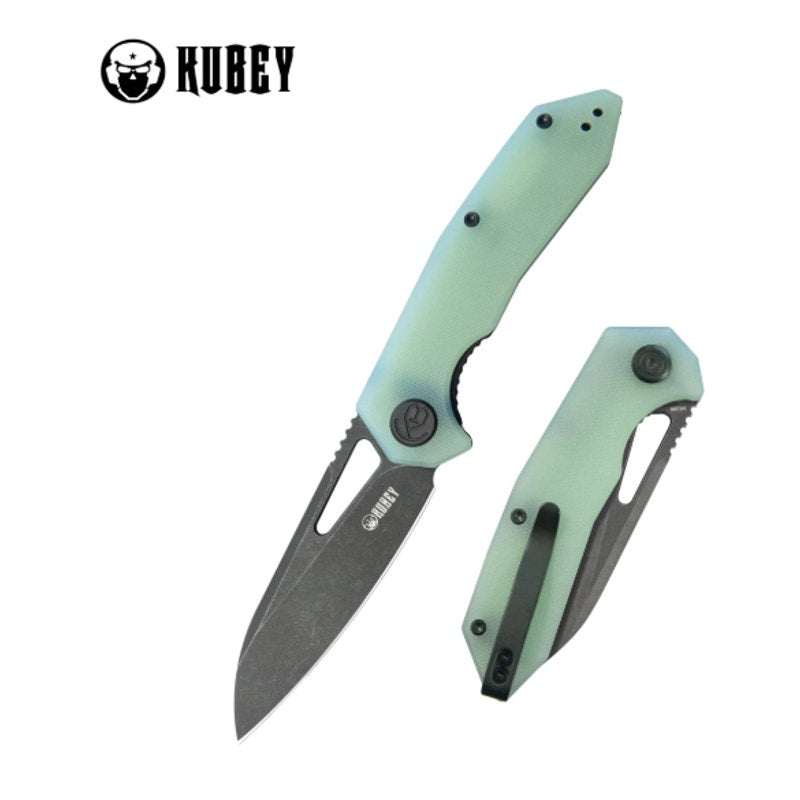 Kubey ~ Vagrant Liner Lock ~ Jade G10 Handle ~ 3.1" Blackwash 14C28N Blade