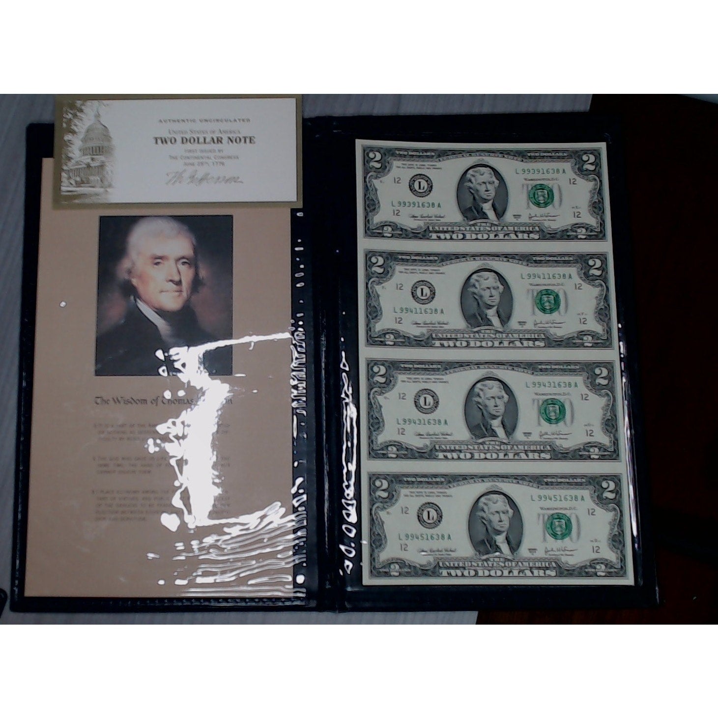 2003 ~ Uncut sheet of 4 - $2 Bill ~ Authentic Uncirculated
