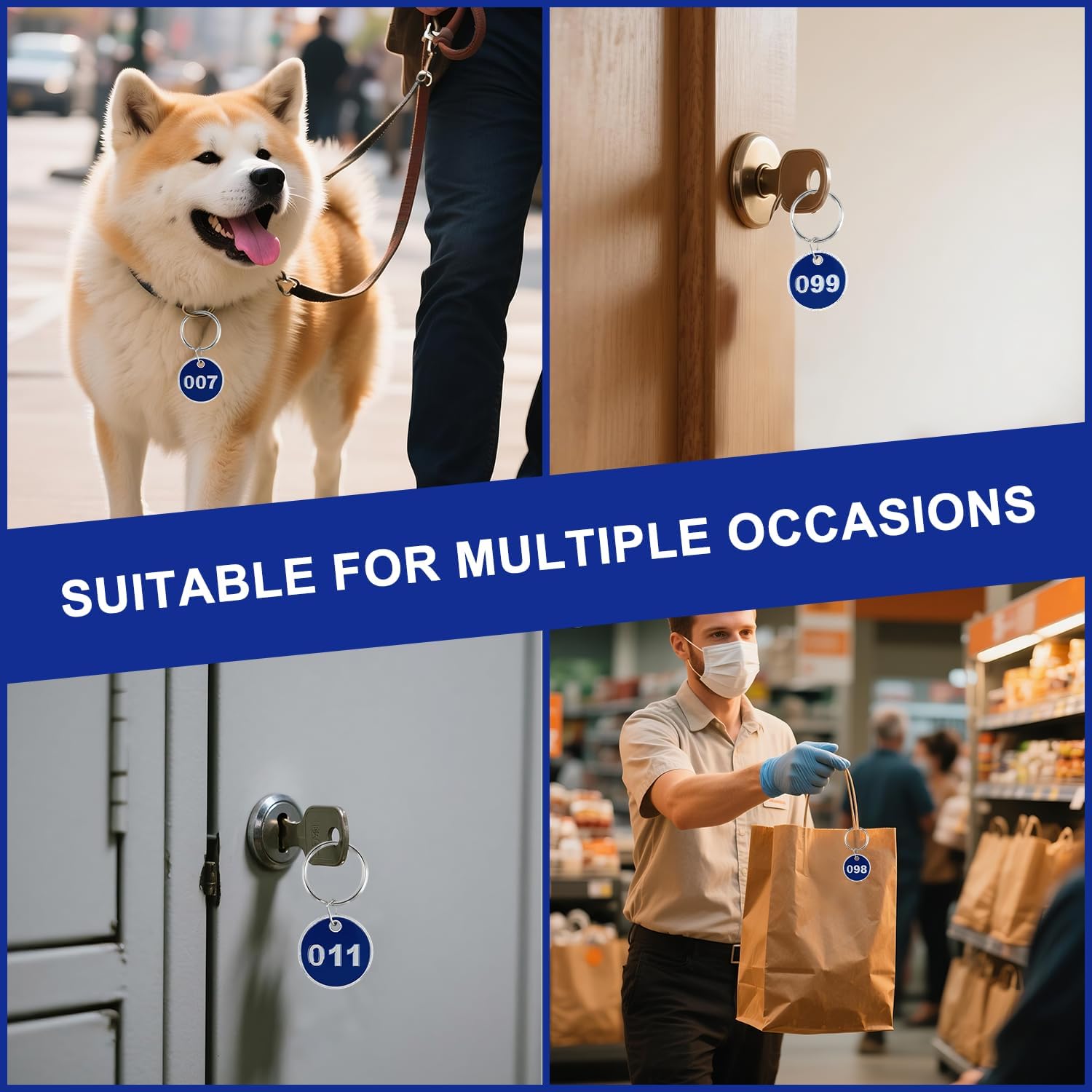 1-100 Round Aluminum Numbered Key Tags, Blue Engraved Metal ID Tags with Rings