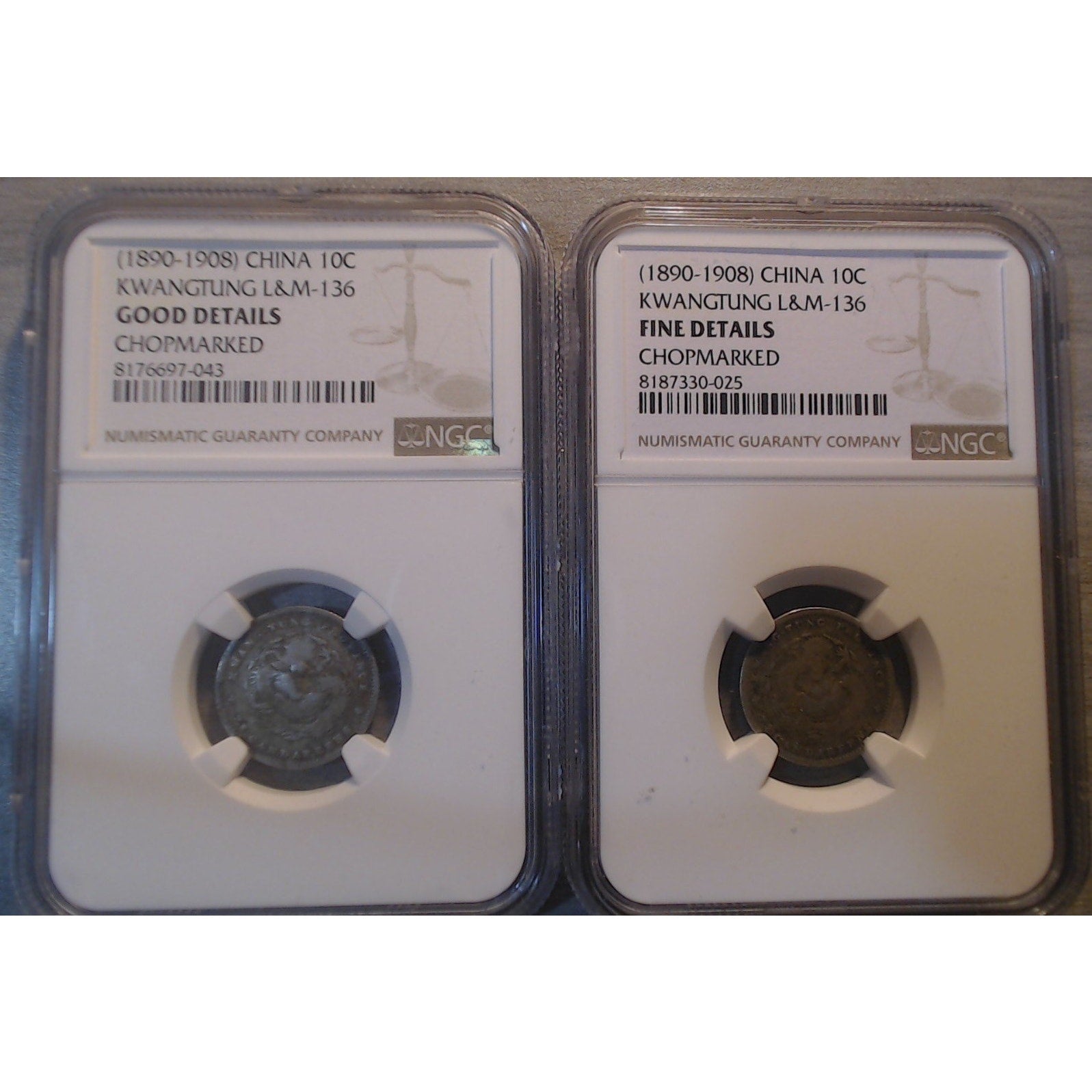 Qty 2 ~ (1890-1908) ~ CHINA KWANGTUNG L&M-136 10C ~ NGC GOOD/FINE CHOPMARKED