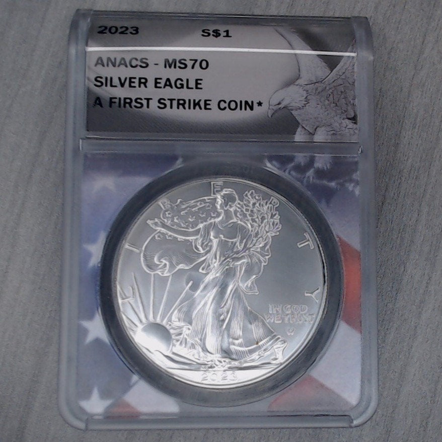 2023 ~ 1oz Silver Eagle ~ ANACS MS70 ~ 'First Strike'