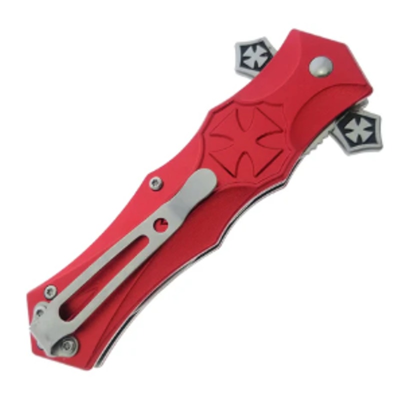 Falcon 8 1/2" Chrome Cross Blade Spring Assisted Knife - Red
