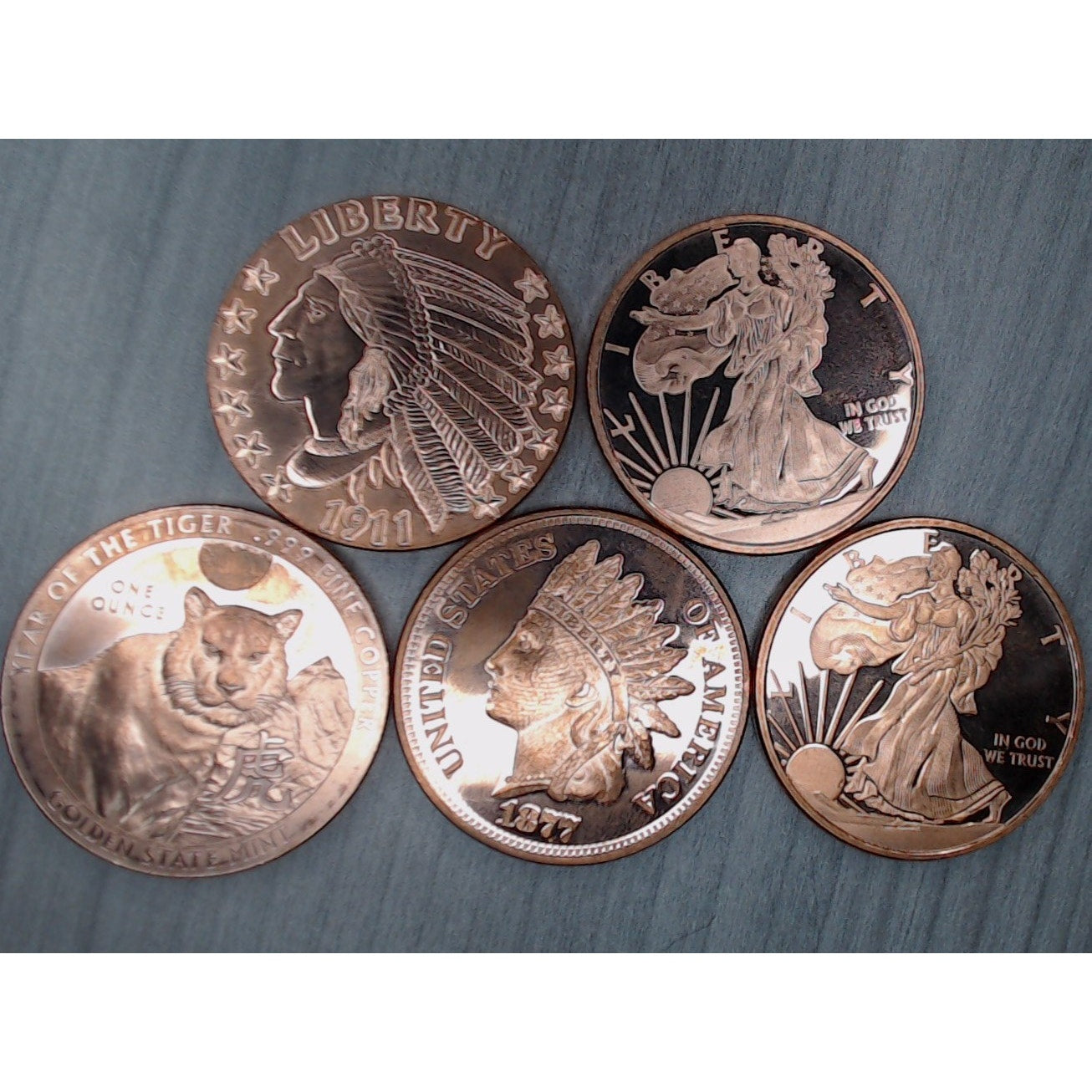 Qty 5 ~ 1oz .999 Copper Assorted Rounds ~ As pictured