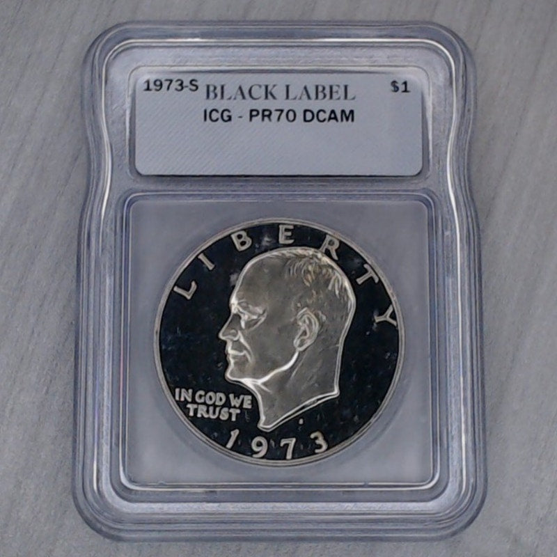 1973-S ~ Eisenhower ( Ike ) Dollar ~ RARE!!! ~ Black Label ~ ICG PR70 DCAM