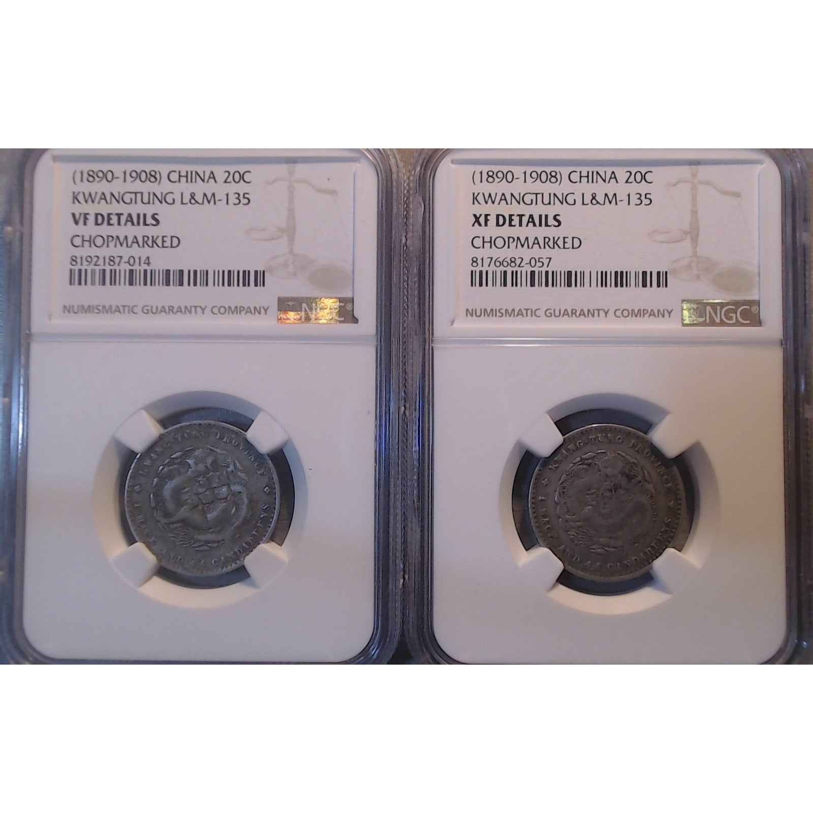 Qty 2 ~ (1890-1908) ~ CHINA KWANGTUNG L&M-135 20C ~ NGC VF/XF DETAILS CHOPMARKED