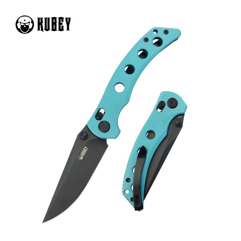 Kubey ~ Hound Crossbar Lock ~ Tiffany Blue G-10 Handle ~ 3.43" Blackwash 14C28N