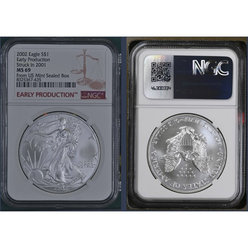 2002 Eagle S$1 ~Early Prod. Struck in 01 ~MS69 ~Pedigree From US Mint Sealed Box
