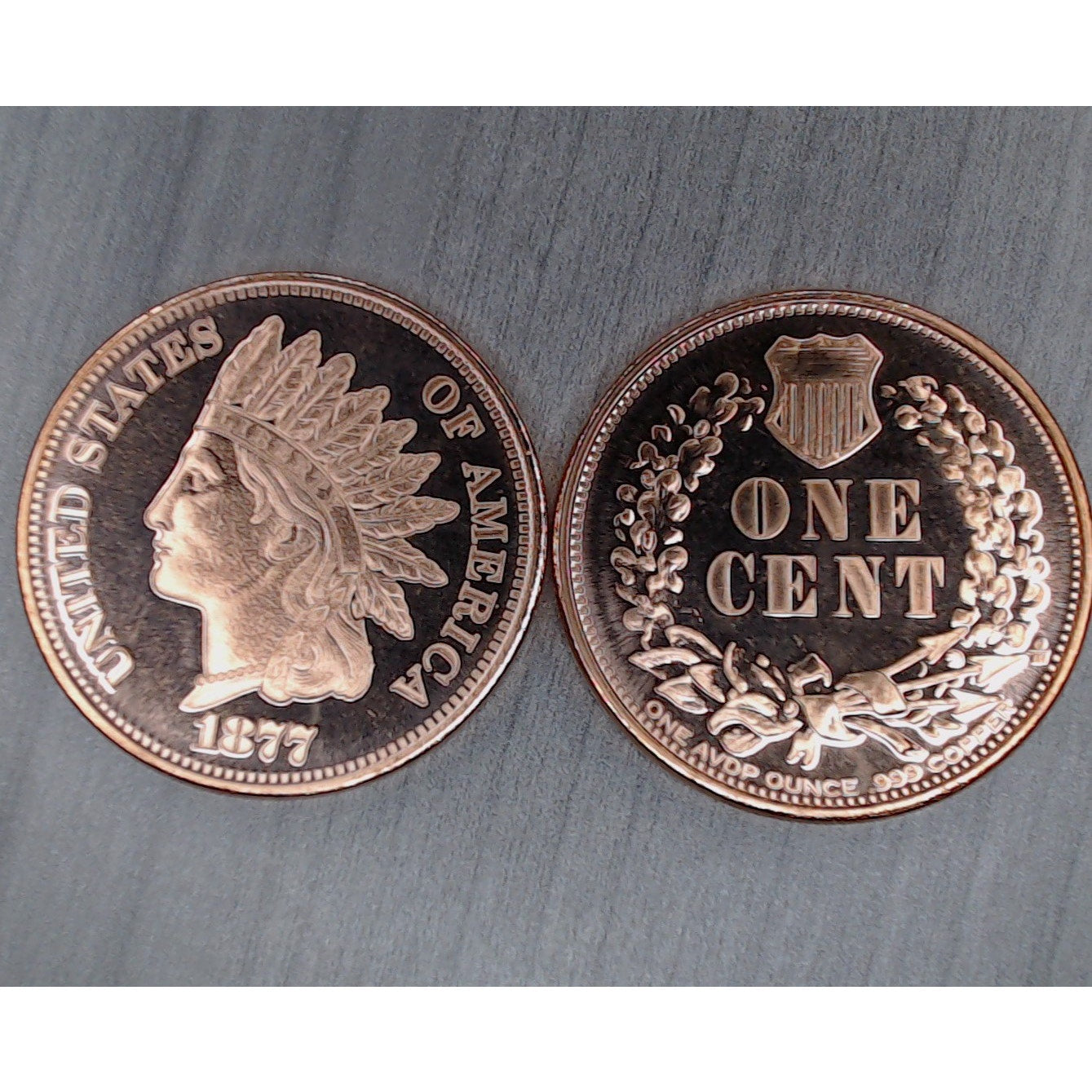 Qty 2 ~ 1oz .999 Copper Rounds ~ 1877 Indian Wheat