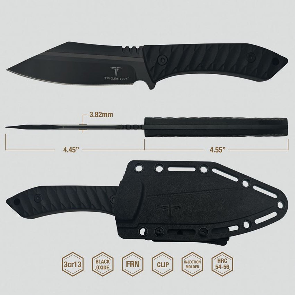 Takumitak ~ ASYM 3cr13 Fixed Blade Knife ~ Kydex Sheath~Belt Clip ~ extra scales