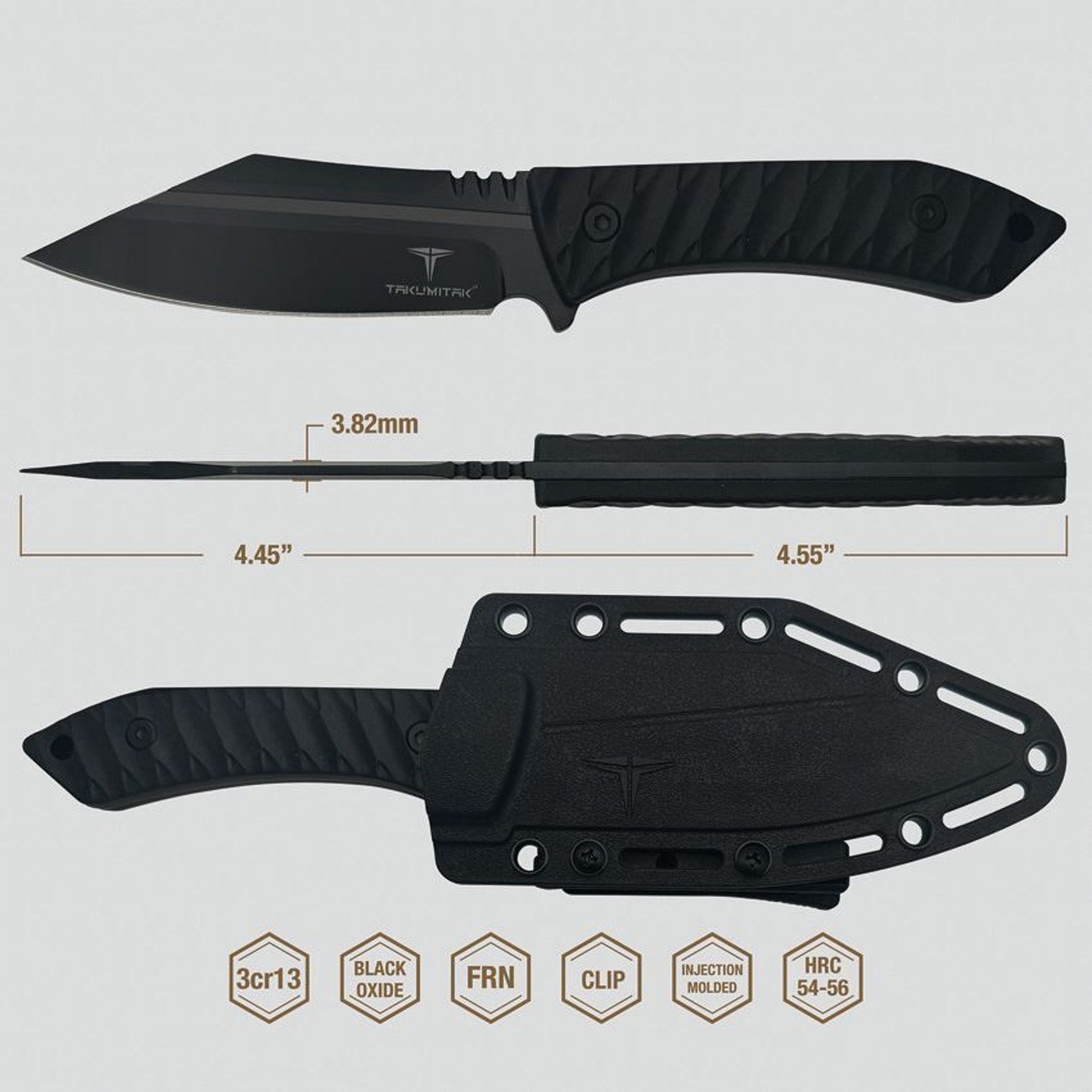 Takumitak ~ ASYM 3cr13 Fixed Blade Knife ~ Kydex Sheath~Belt Clip ~ extra scales
