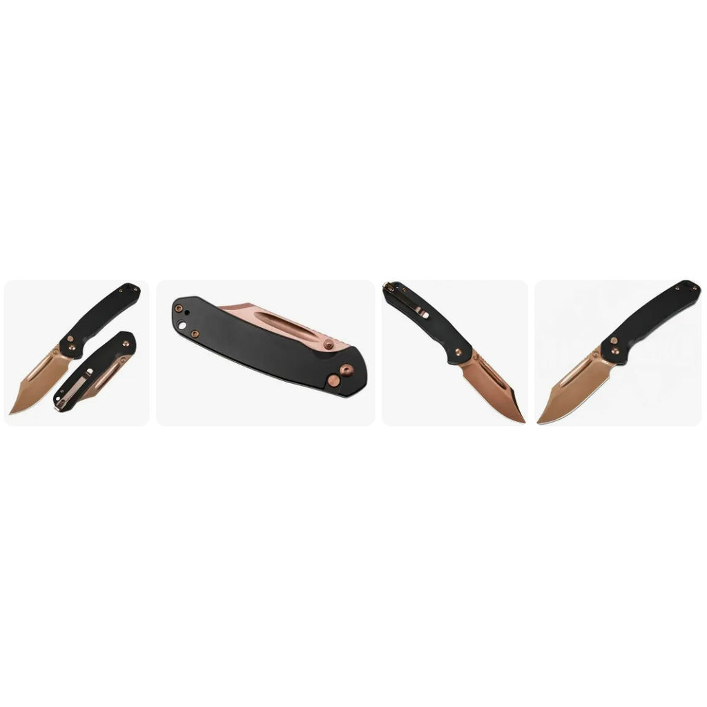 CJRB Cutlery Pyrite Bowie Button Lock Knife Black Steel (3.1" Rose Gold)