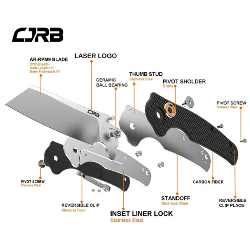 CJRB ~ Crag ~ Liner Lock Knife Carbon Fiber (3.5" AR-RPM9 Stonewash) ~ J1904CF