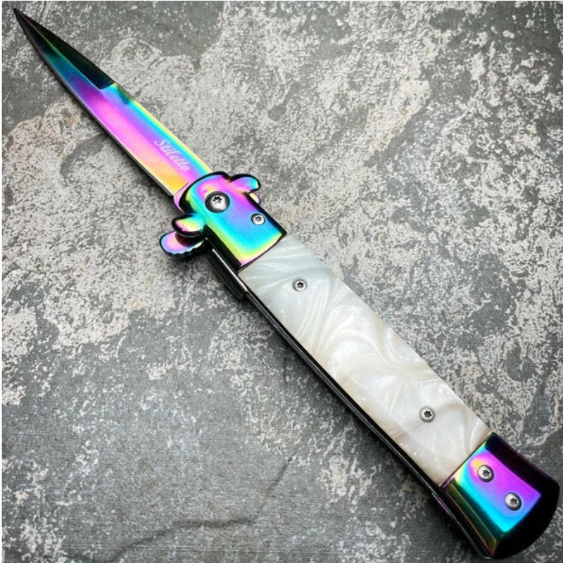 9" Italian Style Rainbow Spring Assisted Open Folding Stiletto