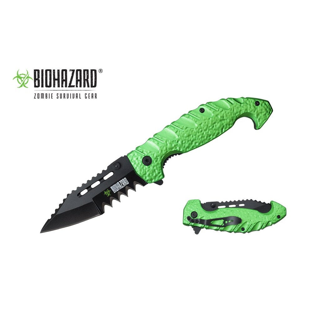BioHazard ~ Assisted Open Rescue Folding Pocket Knife with Green Handle, 8.5"